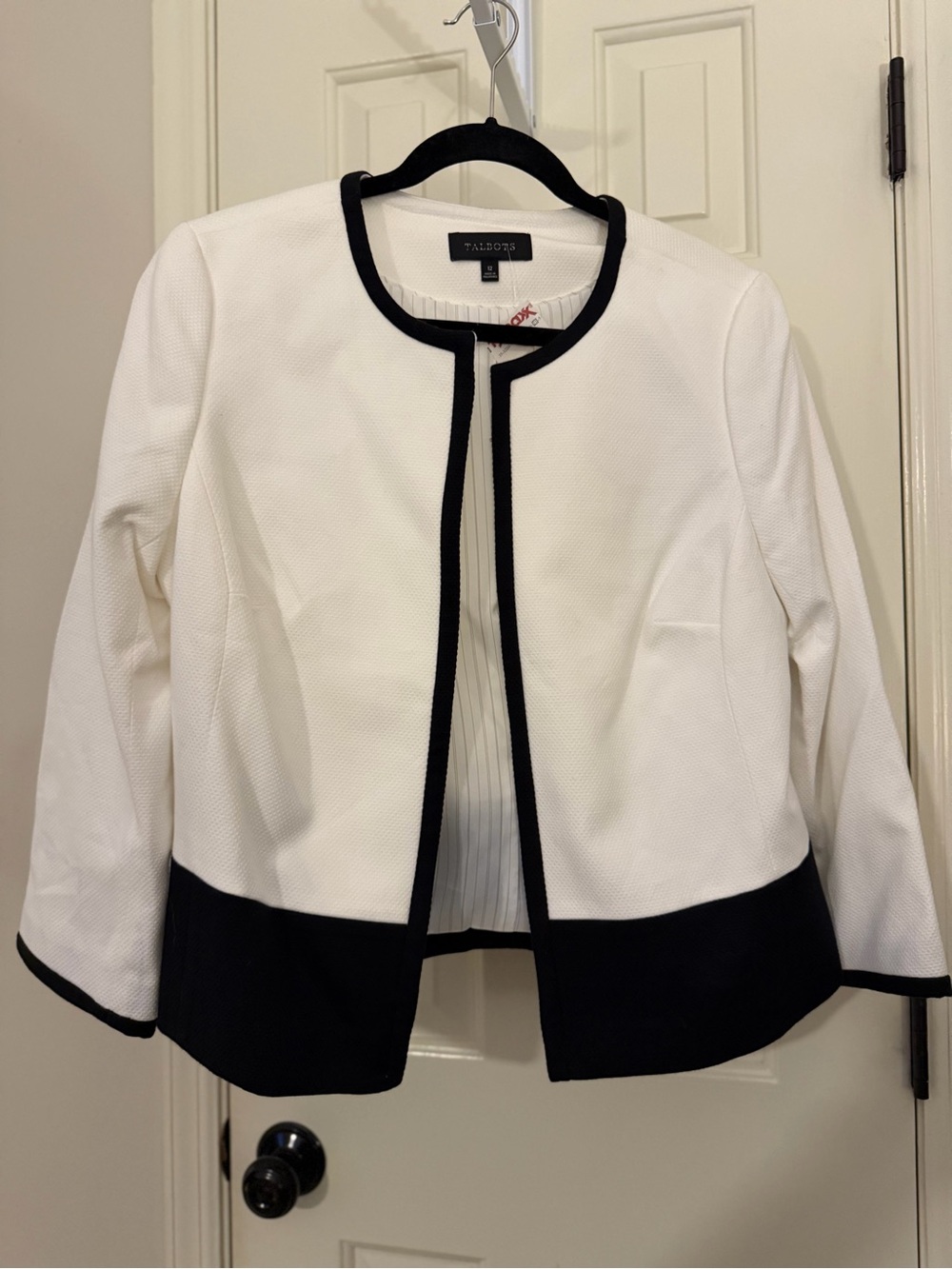 Talbots White Open-Front Blazer with Black Trim